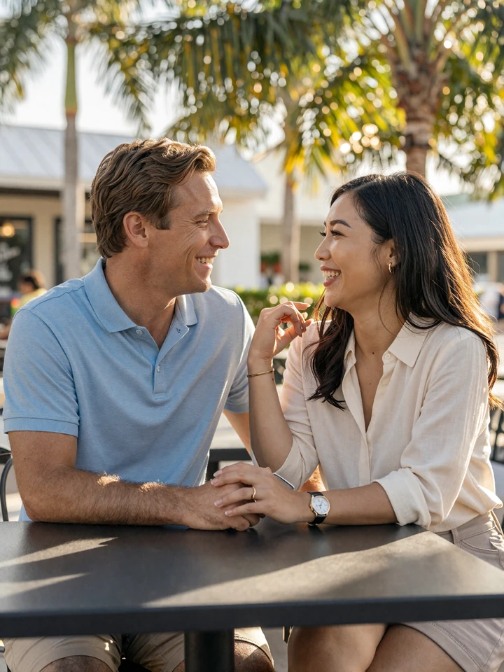Happy interracial couple enjoying a date at a Florida cafe - Asian women dating success story