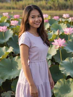 Dao, a 25-year-old Thai woman from Hat Yai near a lotus pond - Thai women dating profile